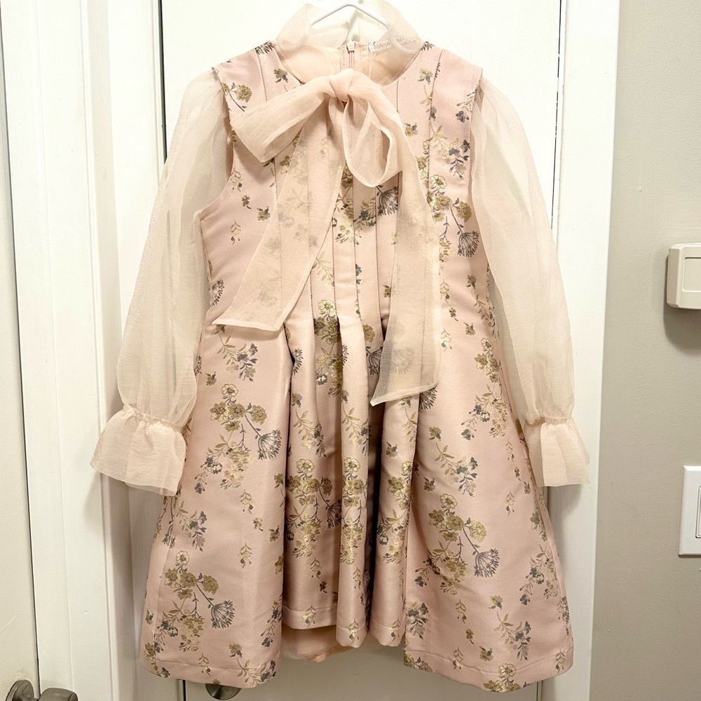 Mama Luma Girls Floral Organza Sleeve TieNeck Brocade Short Dress 9-10 Pale Pink